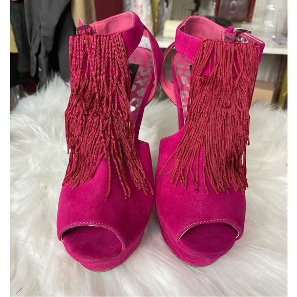 Dollhouse Barbie Hot Pink Fringe Open Toe Platform Sandal Size 7 - Picture 4 of 9